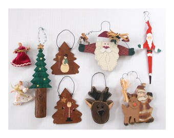 10 Vintage Christmas Ornaments  —  Santas - Reindeer - Snowman - Trees - Angels - Bird