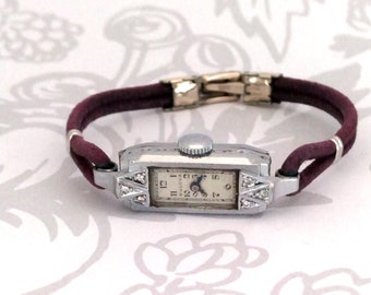 BULOVA 1930's Art Deco Women’s Working Rectangular 14k White Gold With 6 Diamonds &  PATEK PHILIPPE Suede Signature Band