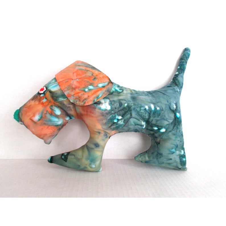 One-Of-A-Kind Handmade Folk Art Dog Teal Green & Tangerine Hand Dyed Batik Pillow / Toddler Toy image 1