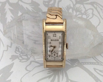 BULOVA 14k SOLID GOLD 1930's Working Art Deco 21-Jewels Curved Rectangular Men’s Watch / 1950’s Gold Plated/Stainless Steel Stretch Band