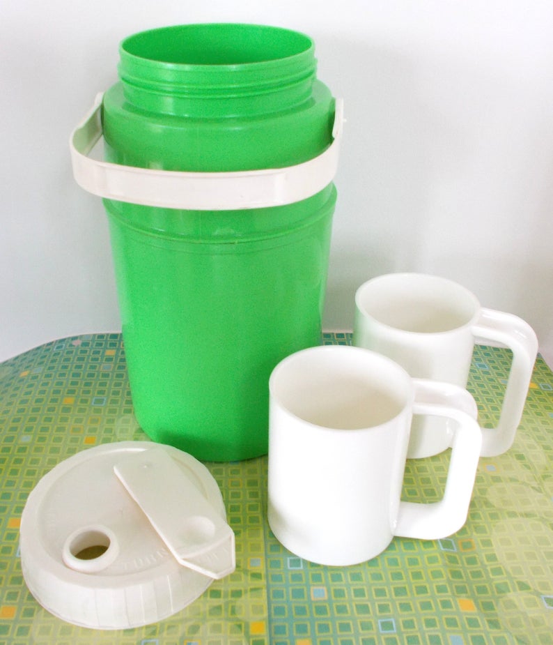 1970's Apple Green Thermos & 2 Massimo Vignelli White Stackable Mugs image 2