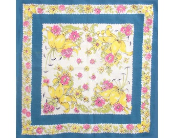 Vintage Handkerchief — Yellow Lilies & Pink Daisies With Green Leaves On A White Background With Blue Borders