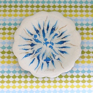 Signed Sascha Brastoff Blue/White Enamel on Copper Ashtray