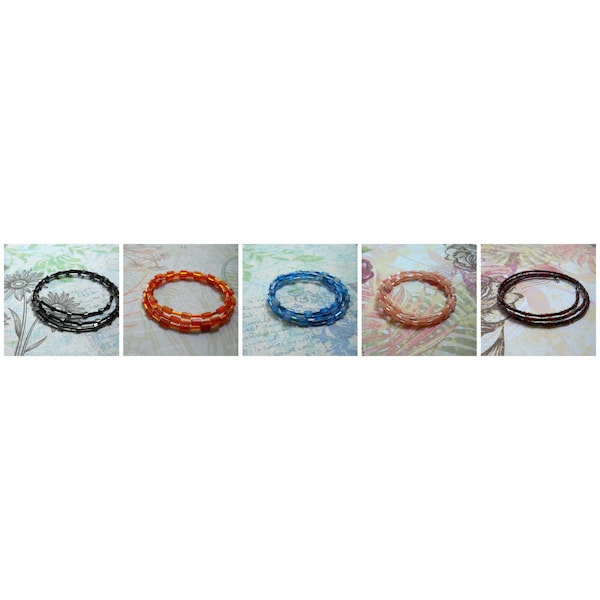 Memory Wire Glass & Iridescent Bead Bangles — Black/Charcoal, Tangerine, Blue, Peach/Pink, or Black/Burgundy