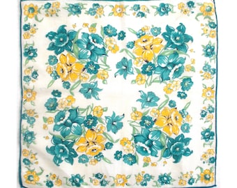 Vintage Handkerchief — Turquoise & Yellow Lilies On White Background