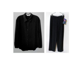 Susan Graver • Black Liquid Knit 6-Button Front Blouse & Matching Pull On Pants • Size P/M