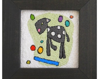 Folk Art Hand Embroidered Gray Dog In Custom Hand Rubbed Ebony Frame