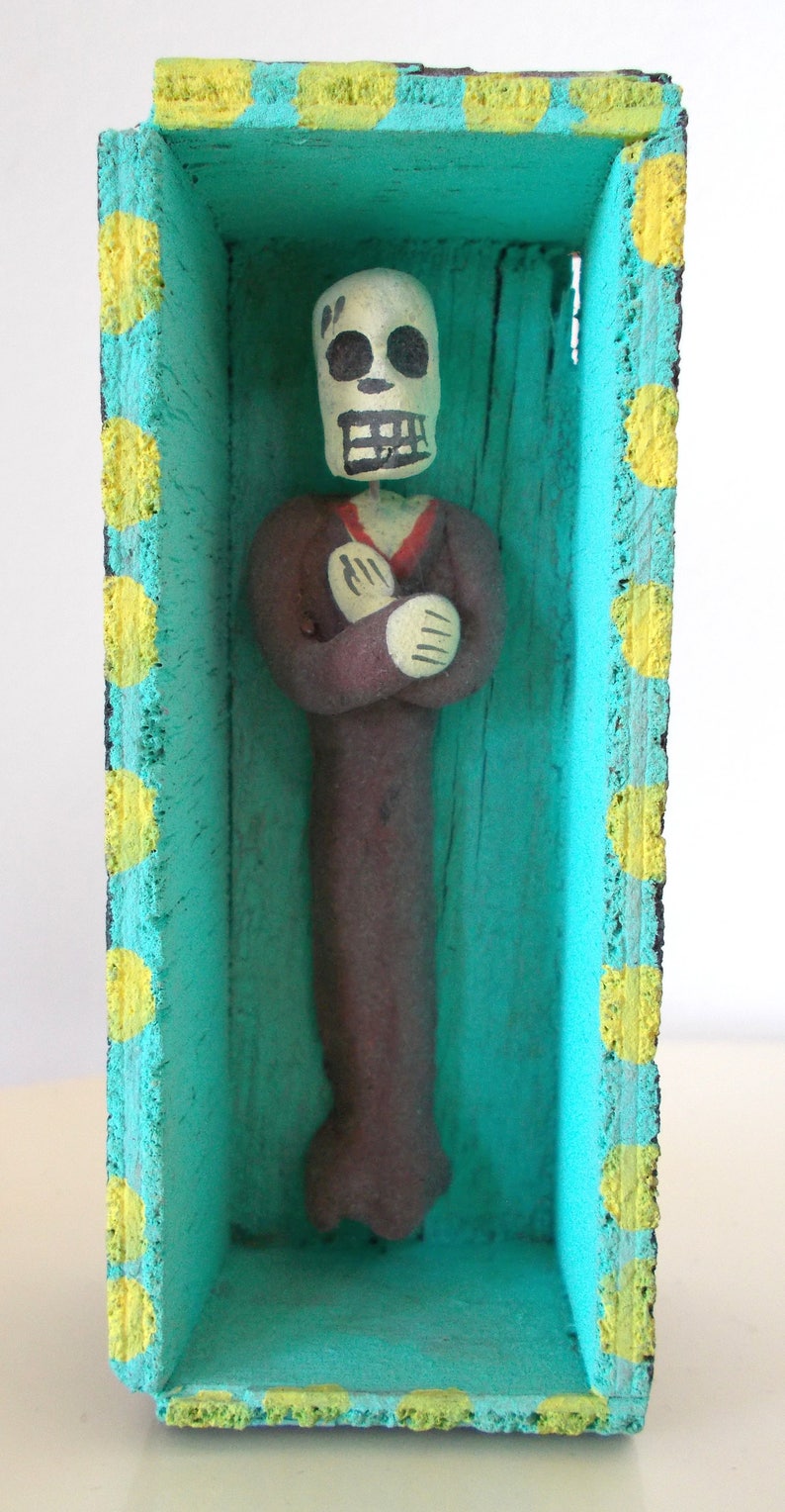 Day Of The Dead Folk Art 3 Wood Coffins With Clay Figures image 2