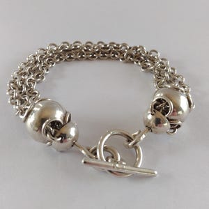 Sterling Silver 3 Rolo Link Chain Bracelet • 2 Movable Beads • With Toggle Clasp