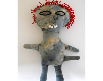 Hand Dyed Gray Batik Primitive Folk Art Doll