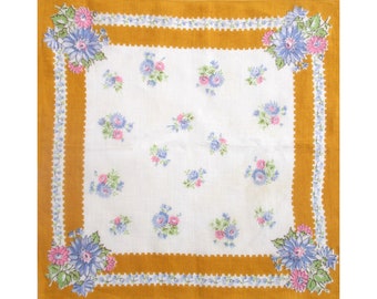 Vintage Handkerchief — Cornflower Blue & Pink Flowers On White Background With Mustard Yellow Border