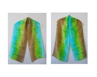 HAND DYED SILK Scarf — Turquoise, Yellow, Green & Cocoa Brown — 9.5” Wide x 54” Long