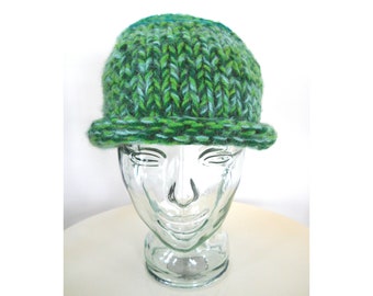 Green Tweed Hand Knit Hat — Yarn Origin: UK