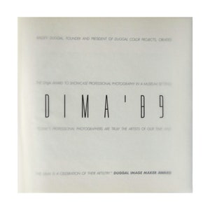 May include: A light-colored paper with black text. The text reads "DIMA '89" in a bold, sans-serif font. Additional text includes "BALDEV DUGGAL" and "DUGGAL IMAGE MAKER AWARD". The image is a promotional piece for a photography award.