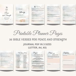 Puede incluir: Un diario imprimible digital con 36 versículos bíblicos sobre la paz y la fortaleza. El diario incluye páginas para la reflexión, la oración y notas personales. Disponible en tamaños Carta, A4 y A5.