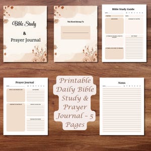 Puede incluir: Un conjunto de cinco páginas imprimibles de diario de estudio bíblico y oración. Las páginas presentan una combinación de colores beige y marrón con detalles florales. La portada dice "Bible Study & Prayer Journal". El conjunto incluye una guía de estudio bíblico, un diario de oración y páginas de notas.