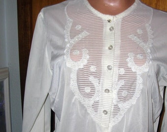 Vintage 40's-50's White Nylon Blouse with See Thru Scroll Applique/Tucks Front 3/4 Length Sleeves...Medium