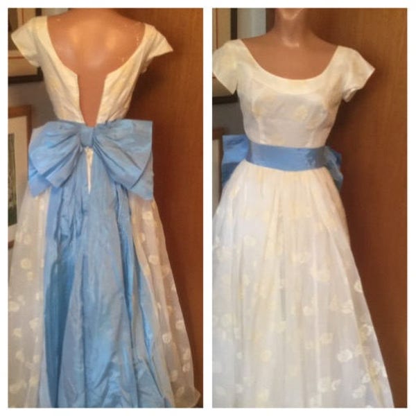 Vintage 60's Long Party Prom Dress Nylon w/ Ecru Flocked Flowers Big Blue Bow..Small