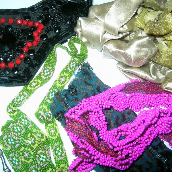 Antique 20's-30's Beaded Velvet and Satin Dress Trim Pcs. and 20's Necklace