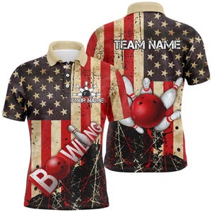 May include: A short-sleeved polo shirt with a distressed American flag design. The shirt features a bowling theme with a red bowling ball, pins, and the word "BOWLING". The text "YOUR NAME" and "TEAM NAME" are also visible.