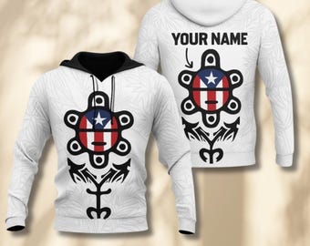 Personalized Taino Symbol Hoodie, Puerto Rico Flag, Tribal Pattern Pullover