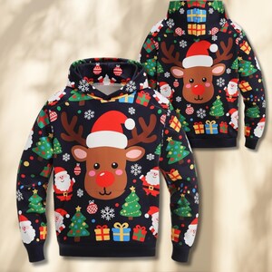 Cute Reindeer Christmas Hoodie Unisex All Over Print Holiday Santa Gift Sweatshirt