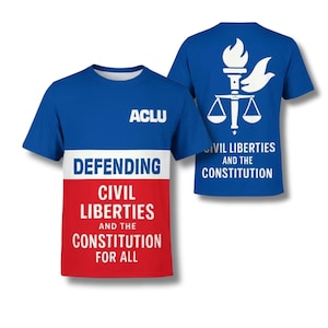 May include: Blue t-shirt with white and red panels. The front features the text "ACLU" and "DEFENDING CIVIL LIBERTIES AND THE CONSTITUTION FOR ALL." The back displays a white graphic of a torch, scales, and a dove, with the text "CIVIL LIBERTIES AND THE CONSTITUTION."