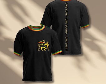 Reggae Rasta Colorblock Tee, One Love Unity Graphic Shirt, Red Yellow Green Ringer T-Shirt, Unisex Streetwear Festival Top, Music Lover Gift