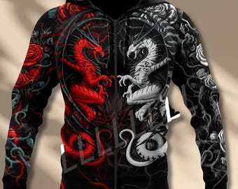 Red White Dragon Zip Hoodie | Gothic Roses 3D Print Unisex Streetwear Jacket