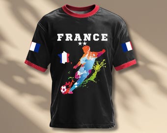 France Soccer Fan Graphic Ringer Tee, Tricolor Flag Sleeves, Color Splash Player Print, Black Unisex Streetwear Football Shirt Gift ,WC 2026