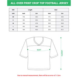May include: White crop top football jersey with a V-neck design. The image includes a size chart with measurements in inches and centimetres for length and bust, ranging from XS to XL. The text at the top says "ALL-OVER PRINT CROP TOP FOOTBALL JERSEY."