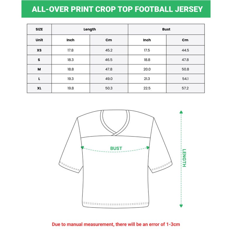 May include: White crop top football jersey with a V-neck design. The image includes a size chart with measurements in inches and centimetres for length and bust, ranging from XS to XL. The text at the top says "ALL-OVER PRINT CROP TOP FOOTBALL JERSEY."