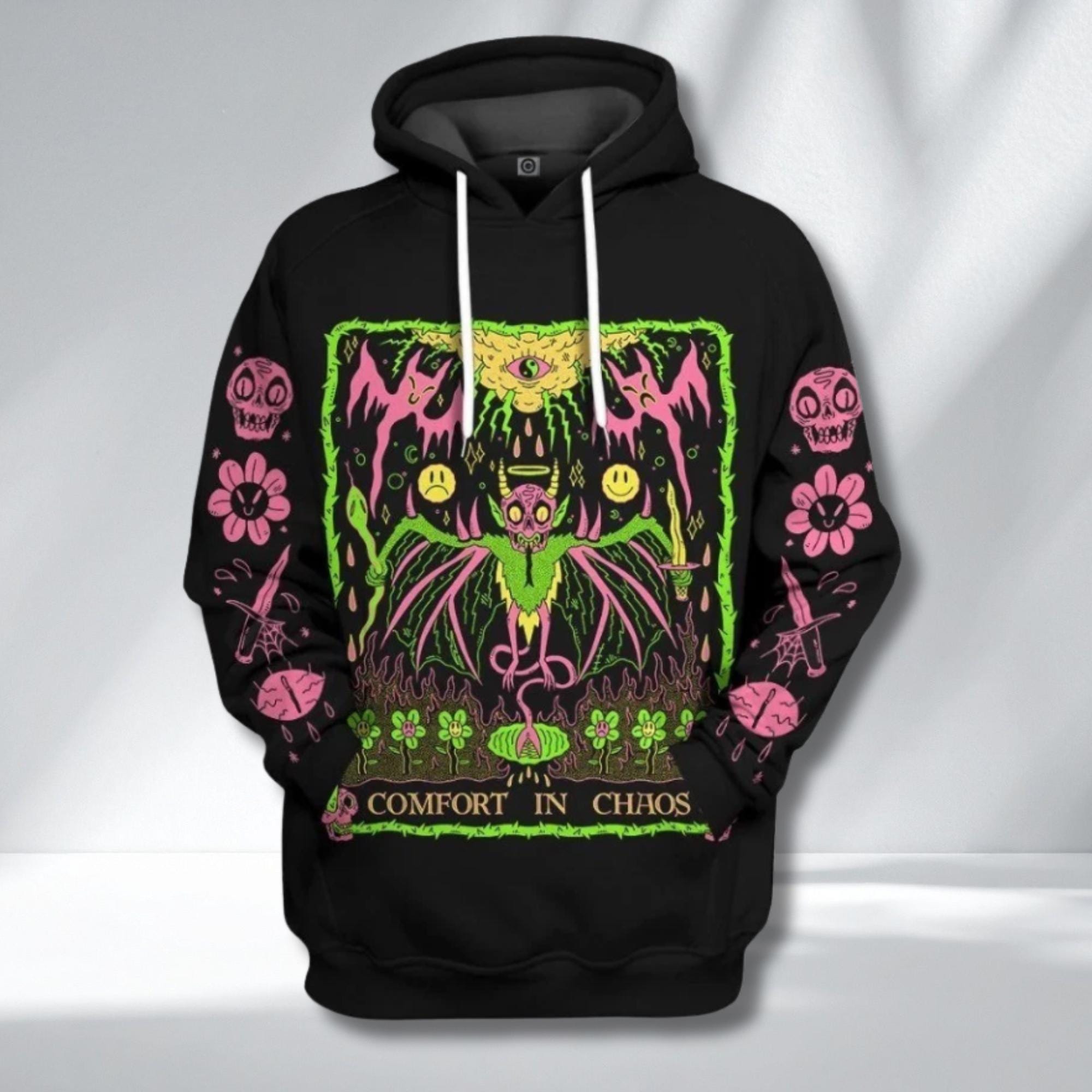Discover 3D Neon Goth Hoodie, Pastel Punk Bat Streetwear, Unisex Grunge Sweatshirt, Creepy Cute Alternative Clothing