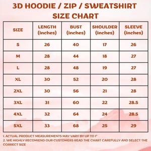 May include: A size chart for 3D hoodies, zip-ups, and sweatshirts. The chart displays measurements in inches for length, bust, shoulder, and sleeve for sizes S through 5XL. The text at the bottom advises customers to read the chart carefully.