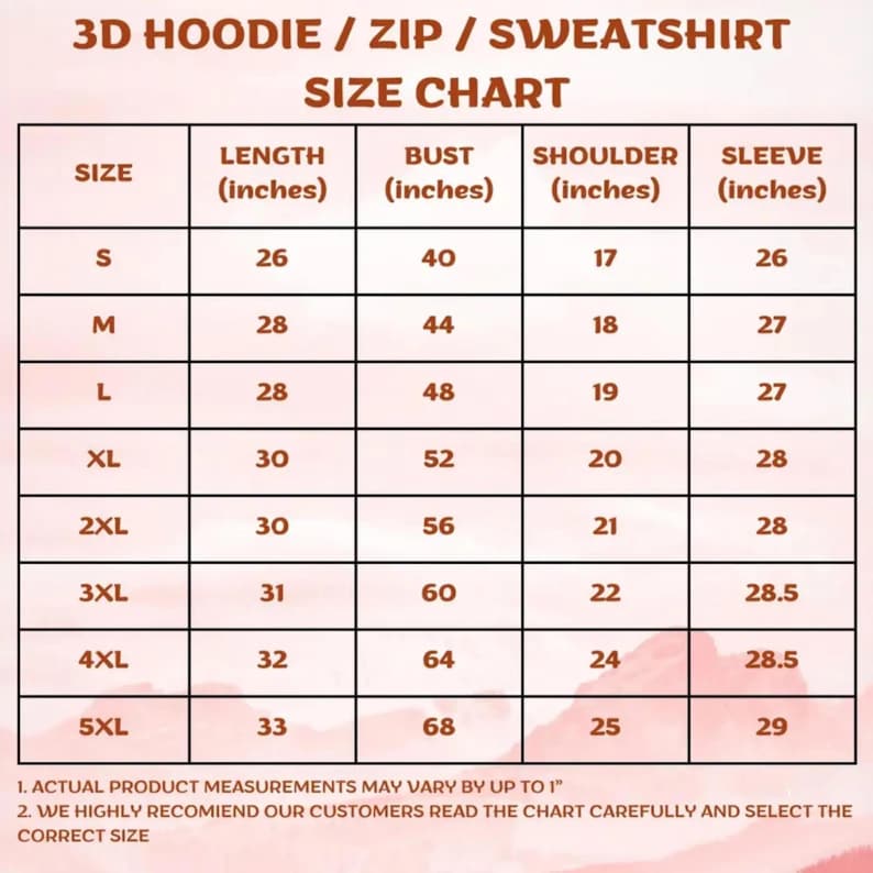 May include: A size chart for 3D hoodies, zip-ups, and sweatshirts. The chart displays measurements in inches for length, bust, shoulder, and sleeve for sizes S through 5XL. The text at the bottom advises customers to read the chart carefully.