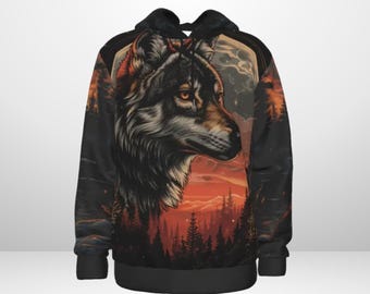 Moletom com capuz Wolf com estampa de espírito animal e pôr do sol na floresta