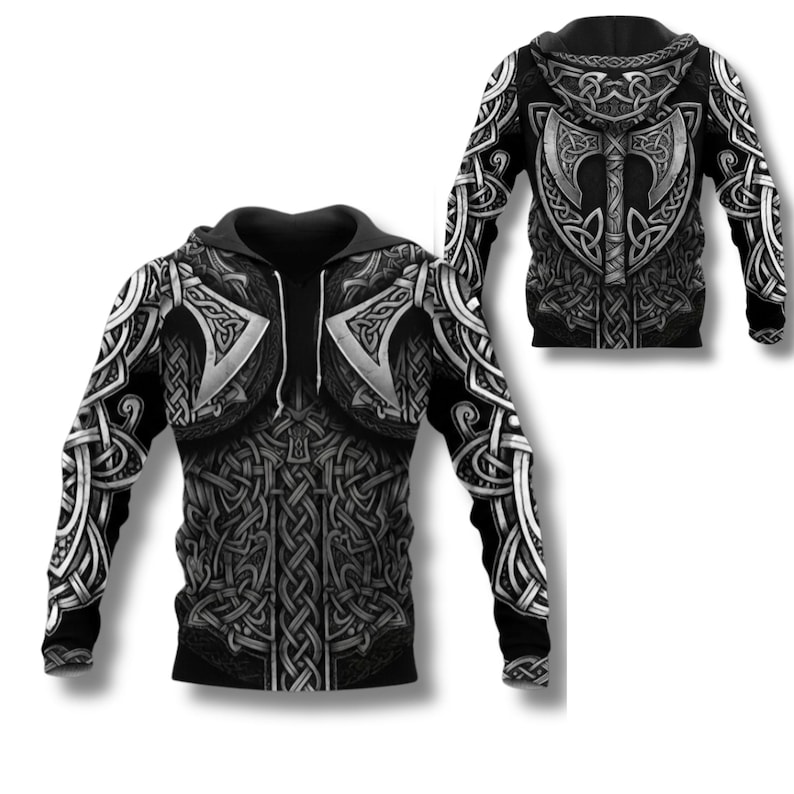 Viking Armor Hoodie Norse Celtic Knot Warrior Zip Up Sweatshirt 3D All Over Print Black Grey Hoodie Cosplay LARP Gift For Him Her Fans Style 5