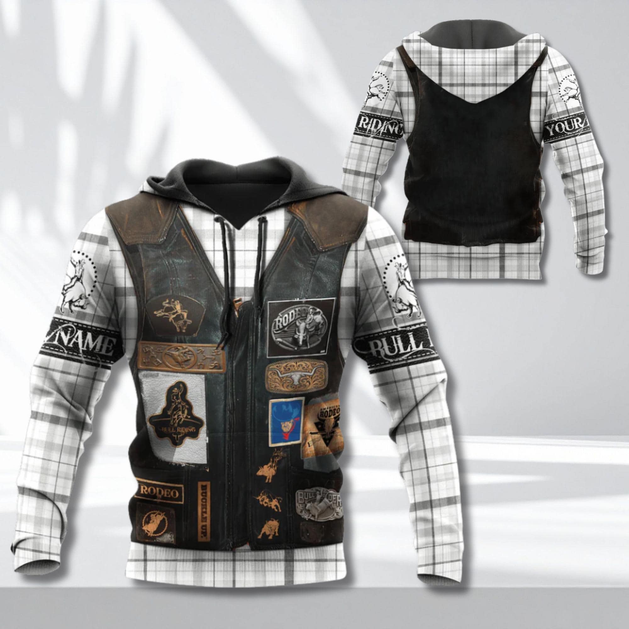 Custom Rodeo Bull Rider Hoodie Western Cowboy Vest Print Plaid Unisex ...