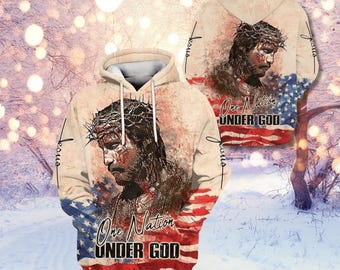 One Nation Under God Hoodie American Flag Jesus Sweatshirt Christian Faith Pullover Religious Gift