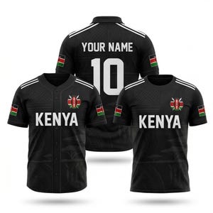 May include: Three black jerseys with the word "KENYA" and the Kenyan flag. One is a baseball jersey, one is a polo, and one is a crew neck. The polo has "YOUR NAME" and the number "10" on the back.