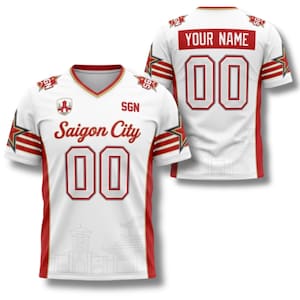 May include: White Saigon City jersey with red and gold accents. Features the number "00" on the front and back, with "YOUR NAME" on the back. Includes the text "Saigon City" in red script.