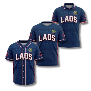 May include: Three navy blue shirts with the word "LAOS" in white block letters. The shirts have a pattern and the Laos flag on the sleeve and chest. One is a baseball jersey, one is a crew neck, and one is a polo shirt.