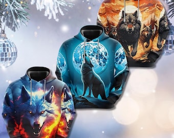 3D Feuer Eis Wolf Hoodie - Unisex Pullover
