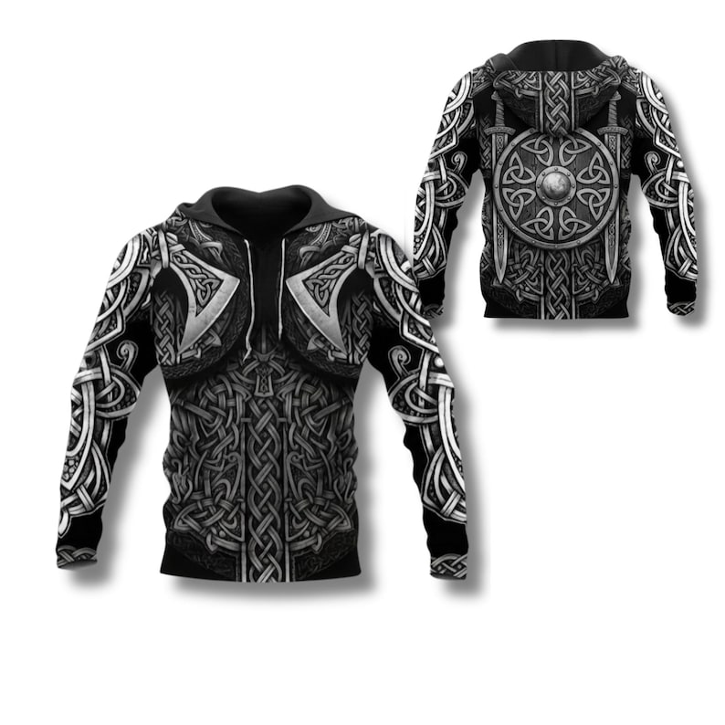 Viking Armor Hoodie Norse Celtic Knot Warrior Zip Up Sweatshirt 3D All Over Print Black Grey Hoodie Cosplay LARP Gift For Him Her Fans Style 4