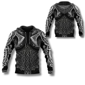 Viking Armor Hoodie Norse Celtic Knot Warrior Zip Up Sweatshirt 3D All Over Print Black Grey Hoodie Cosplay LARP Gift For Him Her Fans Style 1