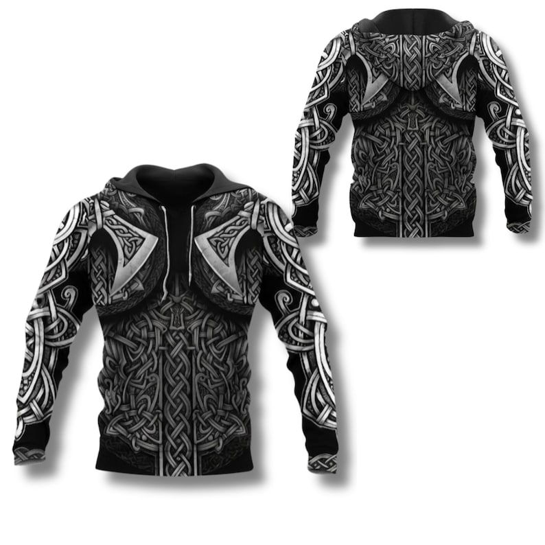 Viking Armor Hoodie Norse Celtic Knot Warrior Zip Up Sweatshirt 3D All Over Print Black Grey Hoodie Cosplay LARP Gift For Him Her Fans Style 1