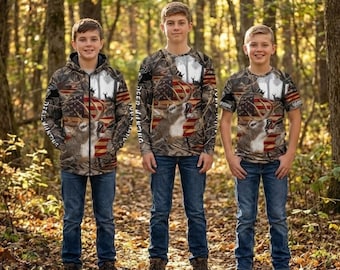 Custom Deer Hunting Camo Hoodie Long Sleeve T Shirt Buck Flag Team Name Gift