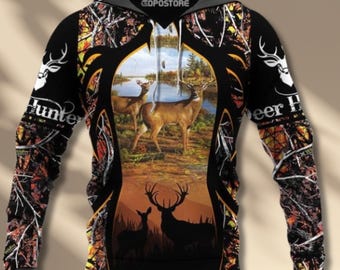 Deer Scene Camo Hoodie Buck and Doe Hunting Pullover Outdoor Wildlife Gift Sweatshirt