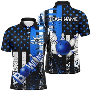 May include: Black and blue bowling polo shirt with a star pattern and bowling graphics. The shirt features a blue stripe down the center and the words "TEAM NAME" and "YOUR NAME". The design includes a bowling ball and pins.