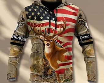 Patriotic Deer Camo Hoodie Buck Antler American Flag Hunting Pullover Sweatshirt